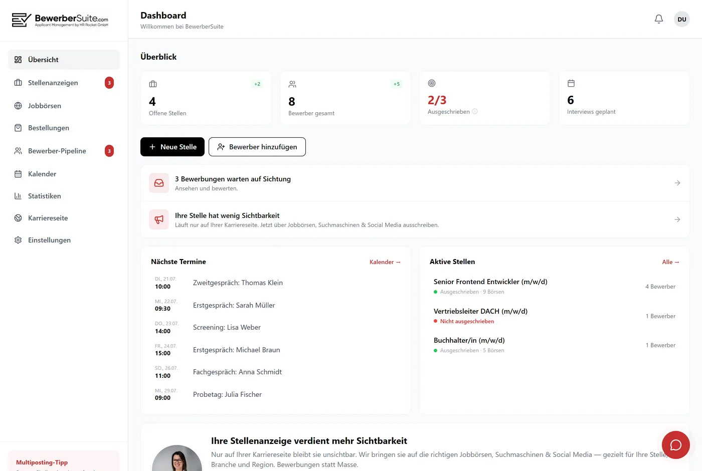 Recruiting-Dashboard der kostenlosen Bewerbermanagement-Software BewerberSuite: Übersicht mit offenen Stellen, Bewerbern, Ausschreibungs-Status und geplanten Interviews