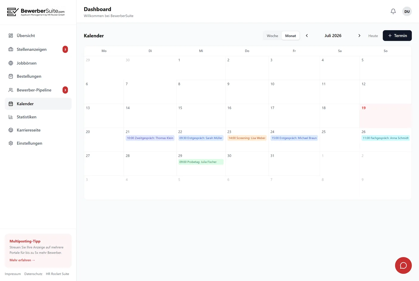 Interview-Terminbuchung im Recruiting-Kalender: Bewerbergespräche planen und verwalten