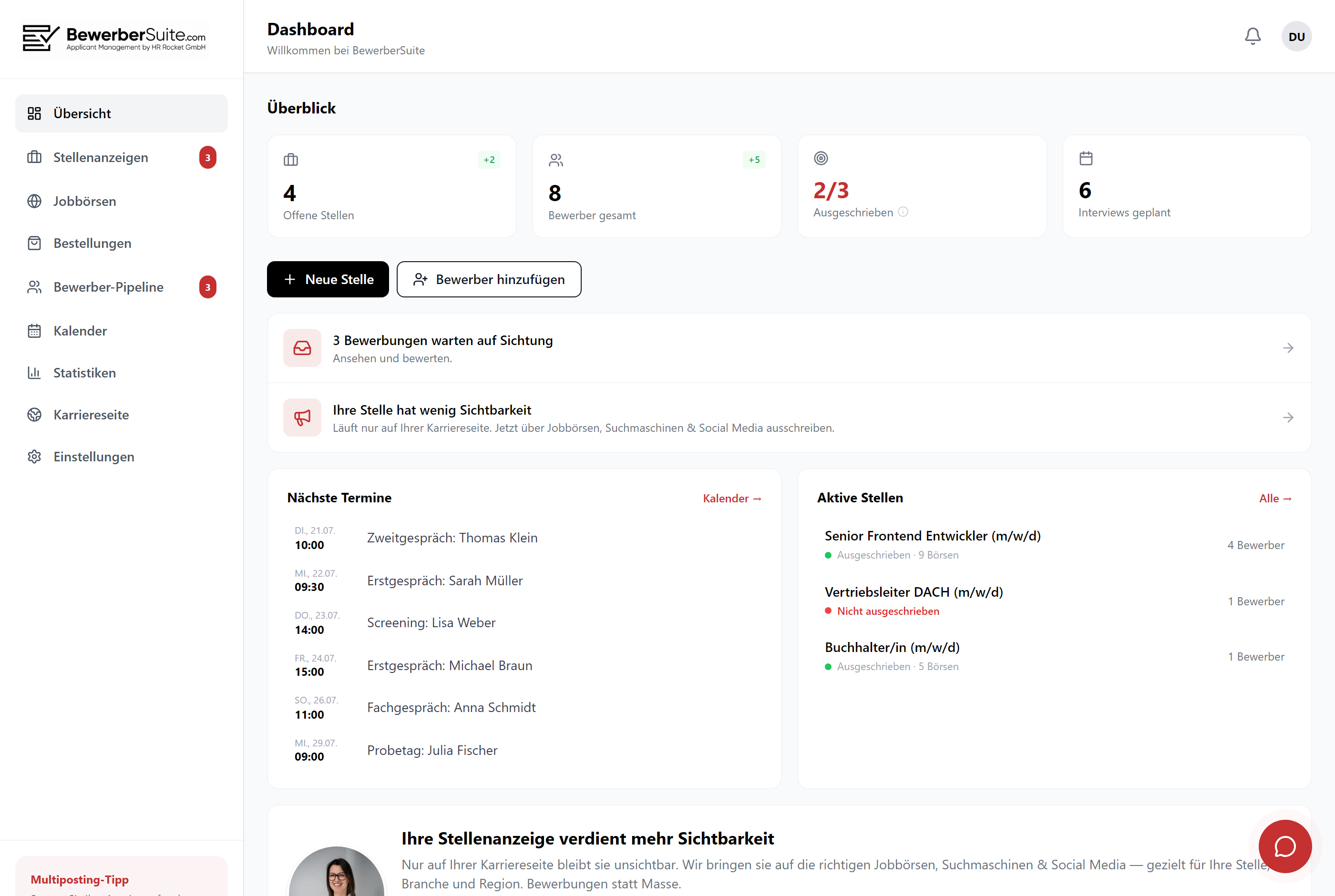 Recruiting-Dashboard von BewerberSuite: Übersicht mit offenen Aufgaben, Sichtbarkeit der Stellen, nächsten Terminen und aktiven Stellen