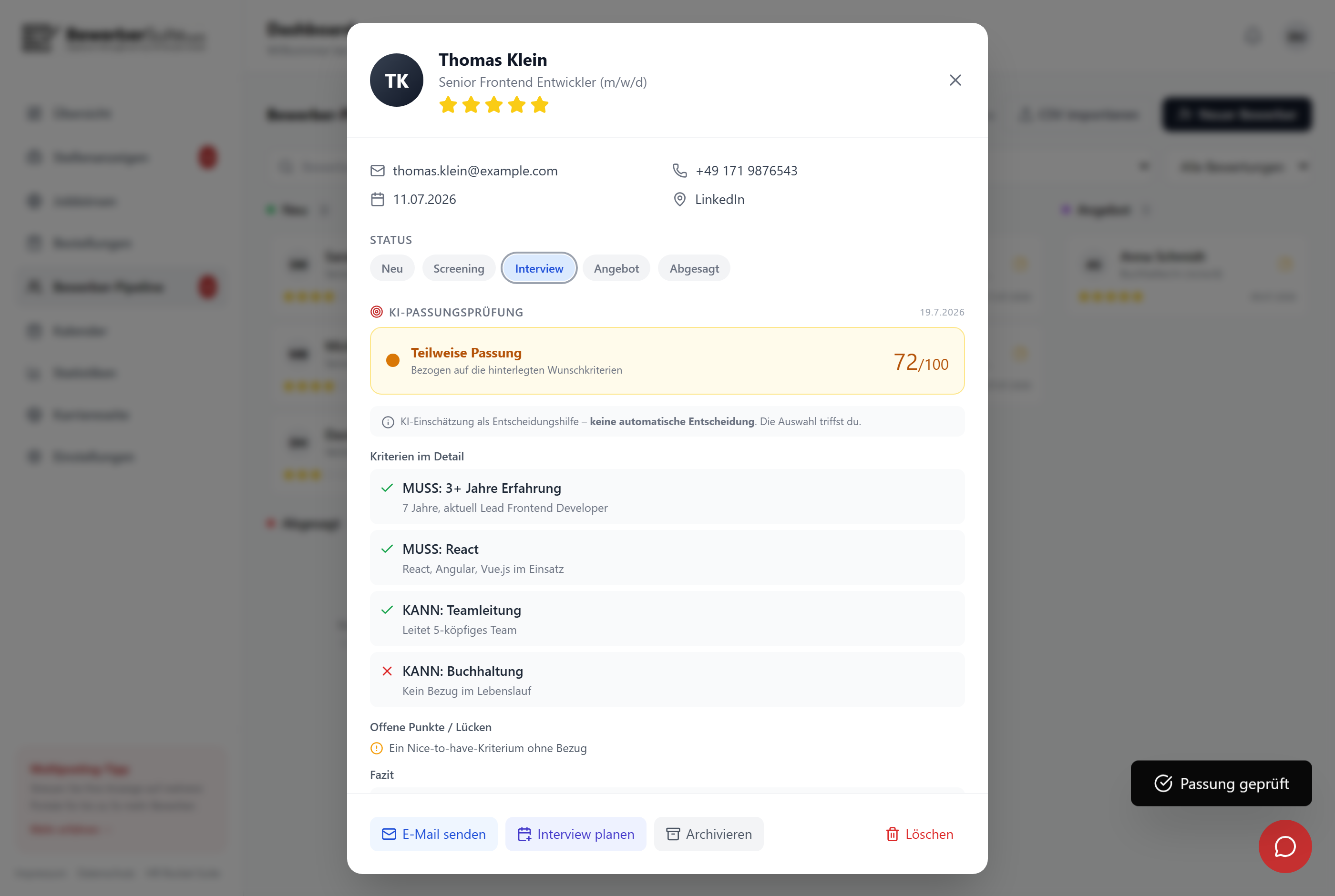 KI-Passungspruefung in BewerberSuite: Passungs-Score, Ampel und Kriterien-Abgleich als Entscheidungshilfe